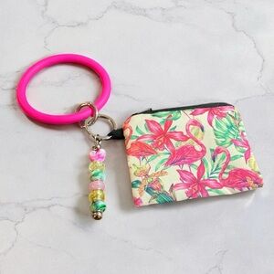 Flamingo Beaded Wristlet Card Holder Keychain